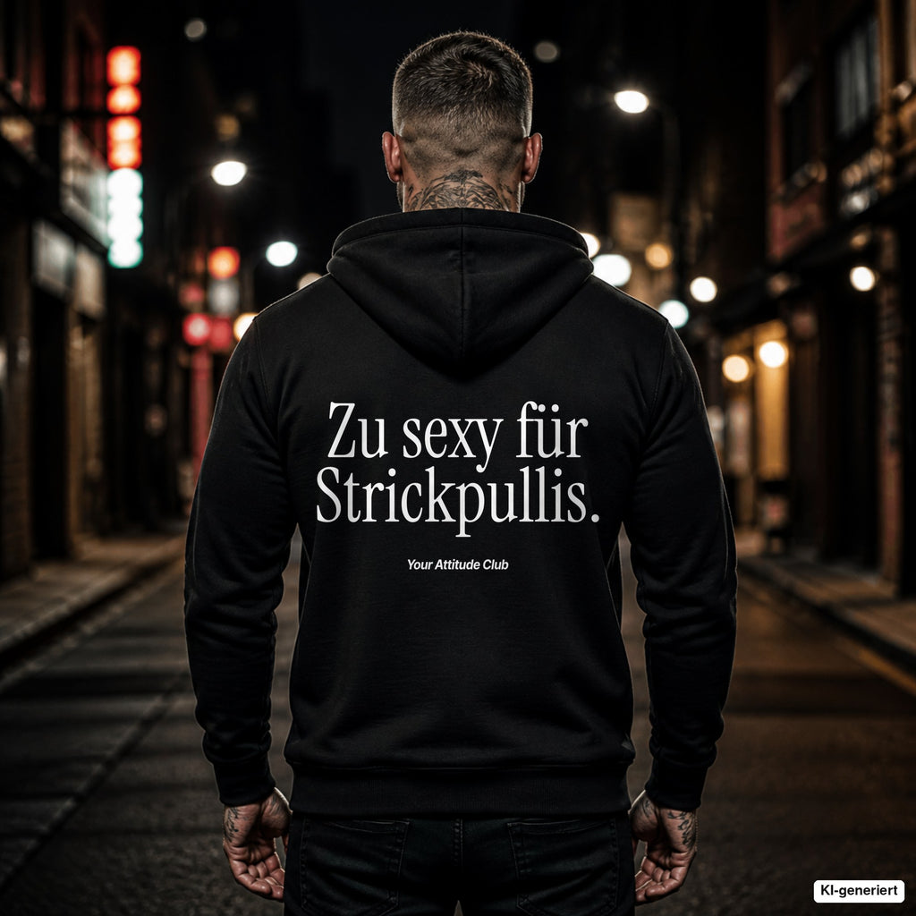 Zu sexy für Strickpullis – schwarzer Hoodie mit weißem Backprint, Herren in der Stadt bei Nacht