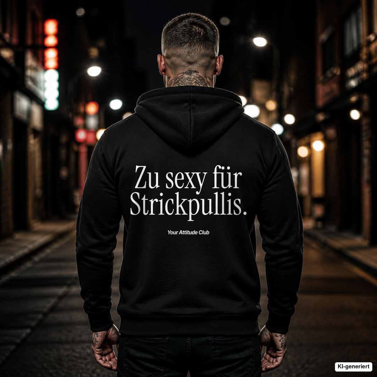 Zu sexy für Strickpullis – schwarzer Hoodie mit weißem Backprint, Herren in der Stadt bei Nacht