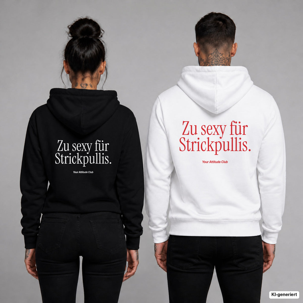 Zu sexy für Strickpullis – Hoodie mit Backprint, Frau in Schwarz und Mann in Weiß