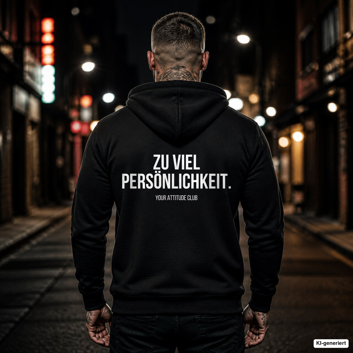 ZU VIEL PERSÖNLICHKEIT. – schwarzer Hoodie mit weißem Backprint, Herren in der Stadt bei Nacht