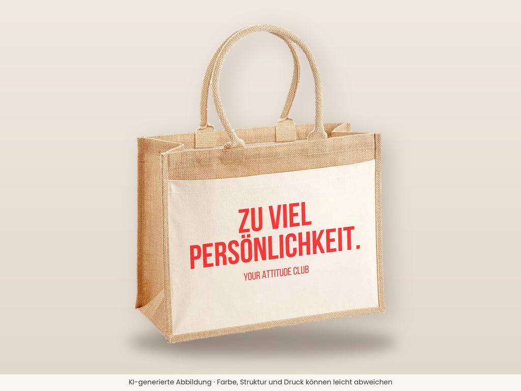 Zu viel Persönlichkeit. – Jutetasche mit Spruch, große Jutetasche, Detailansicht